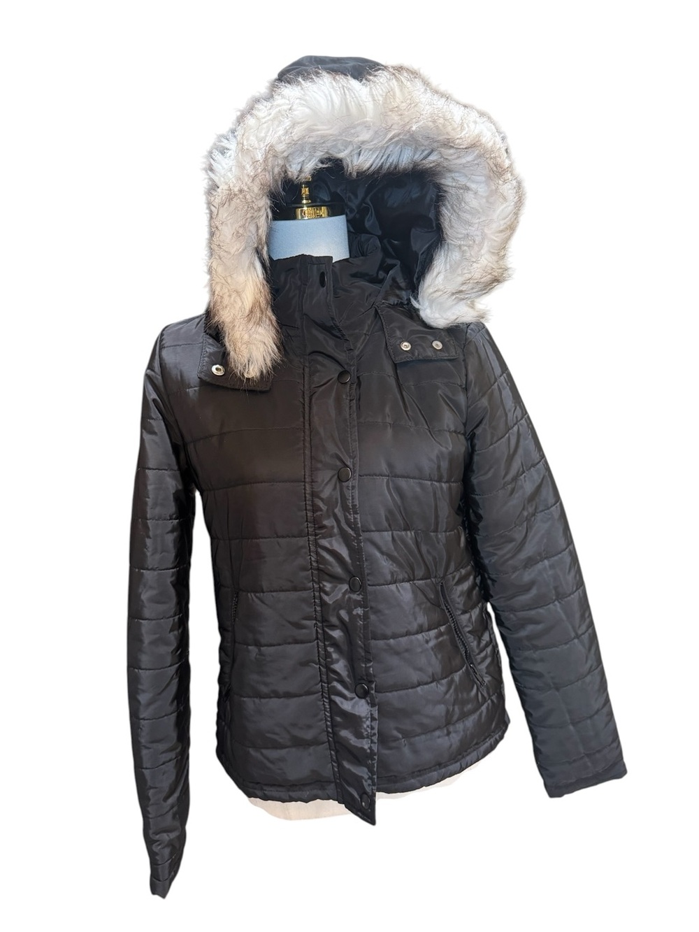 Ambiance Outerwear Black Puffer Jacket Faux Fur Hood Quilted NWOT Size S - Picture 7 of 12